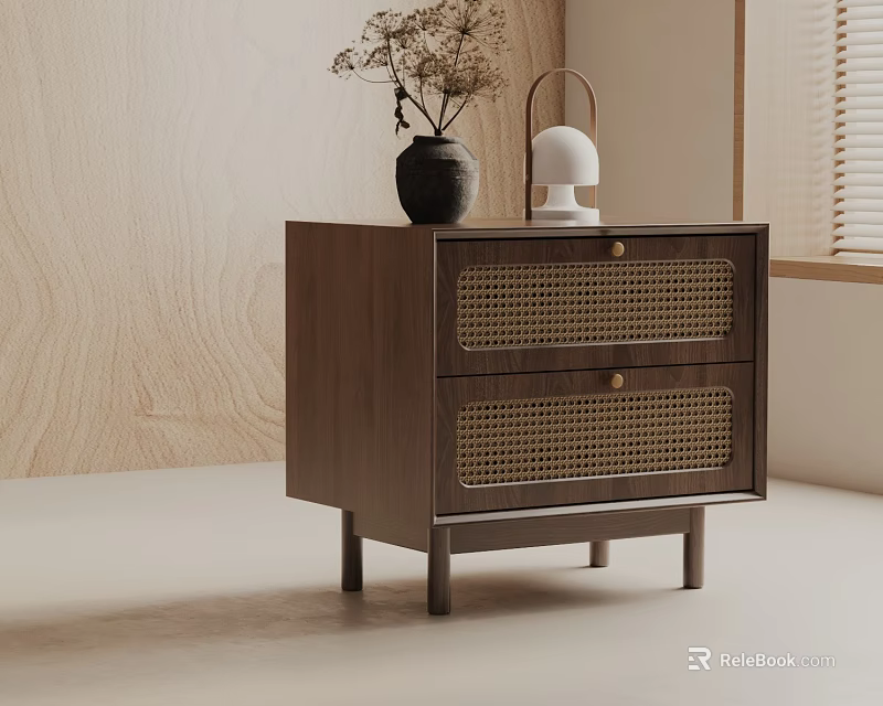 Dark Wood Side Table With Rattan Drawers Minimalist Design Featuring Black Vase And White Lamp 3d model 