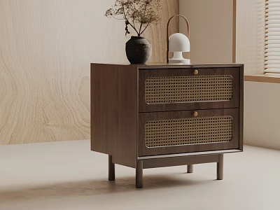 Dark Wood Side Table With Rattan Drawers Minimalist Design Featuring Black Vase And White Lamp 3d model