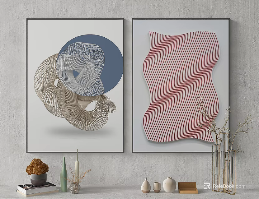 Abstract Modern Wall Art With Blue Red Patterns And Decorative Ornaments 3d model