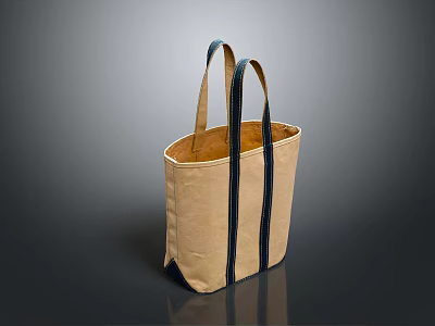 Beige Canvas Tote Bag With Dark Blue Handles And Simple Design 3d model