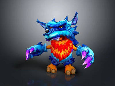 Fierce Fantasy Creature 3D Model With Spiky Blue Fur Red Mane And Purple Claws 3d model