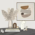 Minimalist Decorative Ornament Set With Pampas Grass Vase Geometric Sculptures And Abstract Print