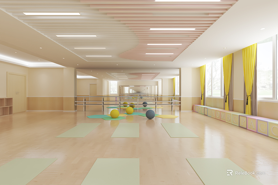 Bright Kindergarten Indoor Activity Space With Green Mats Colorful Balls And Yellow Curtains 3d model 