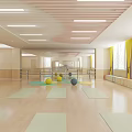 Bright Kindergarten Indoor Activity Space With Green Mats Colorful Balls And Yellow Curtains