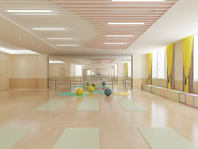 Bright Kindergarten Indoor Activity Space With Green Mats Colorful Balls And Yellow Curtains 3d model