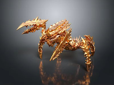 Golden Spiked Mythical Creature With Detailed Mechanical Design And Shiny Texture 3d model