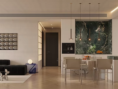 Modern Living Dining Room Interior With Sofa Dining Table Pendant Lights And Decorative Wall 3d model