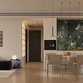 Modern Living Dining Room Interior With Sofa Dining Table Pendant Lights And Decorative Wall