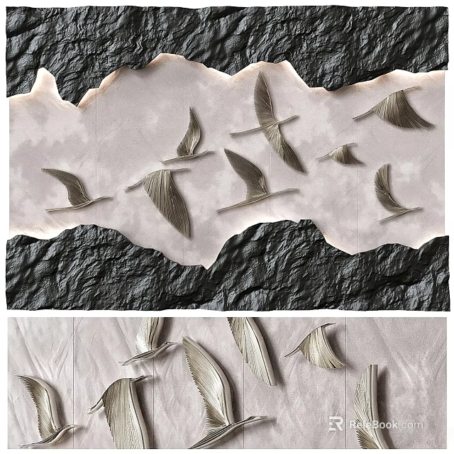 Decorative Round Frame Painting With Mountain Landscape And Flying Birds For Home Wall Decoration 3d model