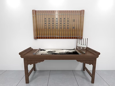 Traditional Chinese Wooden Desk With Inkstone Writing Tools And Bamboo Scroll 3d model