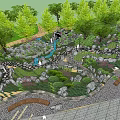Park Landscape Featuring Green Trees Rocks Curved Path And Lush Plants