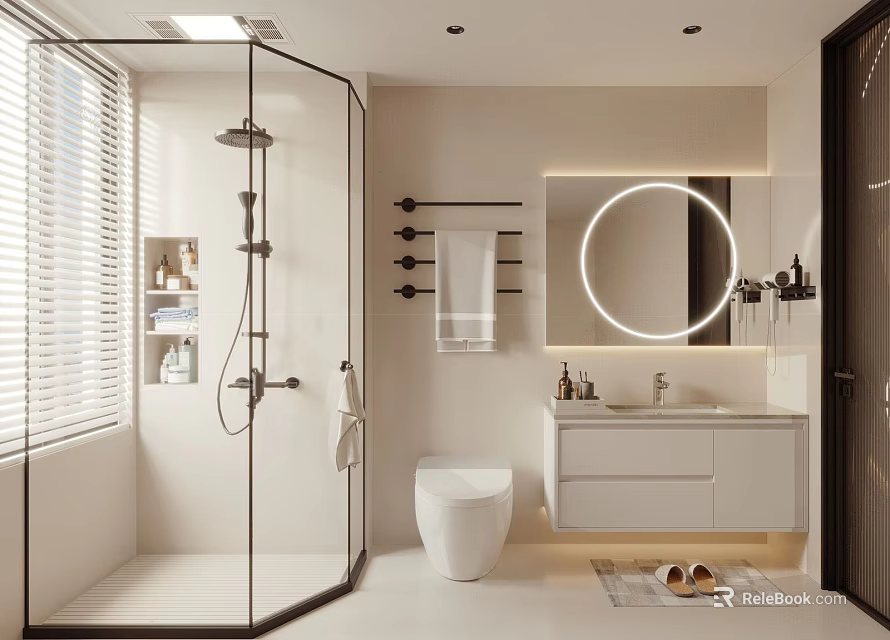 Modern Bathroom Interior With Glass Shower Smart Toilet Round Backlit Mirror And White Vanity 3d model 