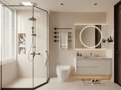 Modern Bathroom Interior With Glass Shower Smart Toilet Round Backlit Mirror And White Vanity 3d model
