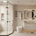 Modern Bathroom Interior With Glass Shower Smart Toilet Round Backlit Mirror And White Vanity