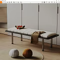 Modern Upholstered Bench With Metal Legs Fruit Basket And Throw Blanket In Wooden Floor Interior