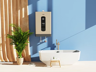 Electric Water Heater in Modern Bathroom with White Bathtub Green Plant and Bright Lighting 3d model