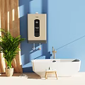 Electric Water Heater in Modern Bathroom with White Bathtub Green Plant and Bright Lighting
