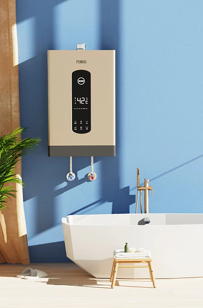 Electric Water Heater in Modern Bathroom with White Bathtub Green Plant and Bright Lighting 3d model