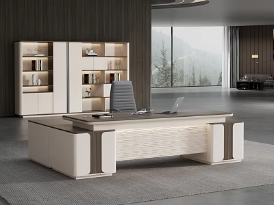 Modern Executive Office Desk With White Bookshelf Gray Chair And Laptop Natural View 3d model