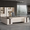 Modern Executive Office Desk With White Bookshelf Gray Chair And Laptop Natural View