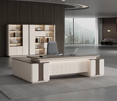 Modern Executive Office Desk With White Bookshelf Gray Chair And Laptop Natural View 3d model