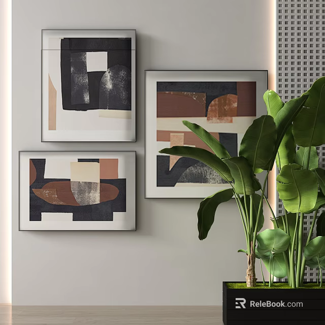 Modern Interior Wall Decor with Framed Abstract Paintings and Green Plant 3d model 