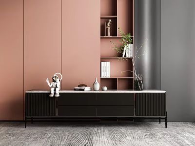 Sleek Black TV Stand With Marble Top And Shelf Featuring Plant Decor Near Pink Wall 3d model