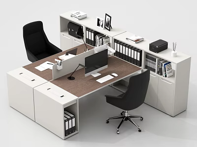Modern Office Desk With Wooden Top Black Chairs Drawers File Cabinets And Computer Monitor 3d model