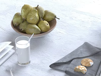 Fresh Ripe Pears in Ceramic Bowl with Milk Glass Gray Cloth and Biscuits on Table 3d model