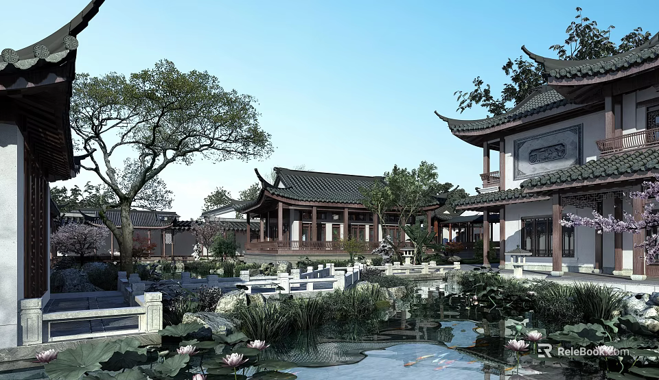 Traditional Chinese Garden Landscape Featuring Pond Lotus Flowers And Classic Architecture 3d model 