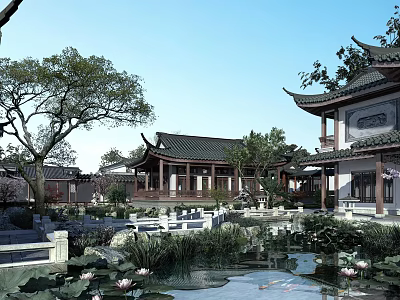 Traditional Chinese Garden Landscape Featuring Pond Lotus Flowers And Classic Architecture 3d model