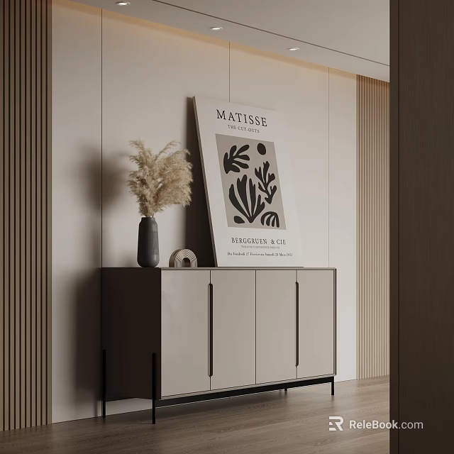 Modern Entryway Console Cabinet with Pampas Grass Vase Matisse Botanical Print and Light Wall 3d model 