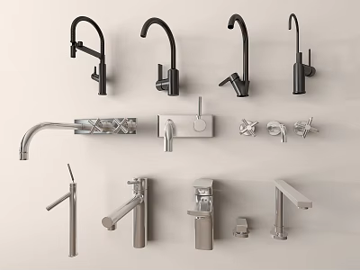 Various Stylish Faucet Designs for Kitchen and Bathroom Displayed in Modern Home Settings 3d model