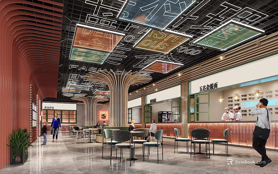 Elegant Restaurant Interior With Square Colored Glass Ceiling Design And Wooden Pillars 3d model 