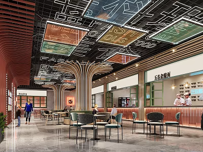 Elegant Restaurant Interior With Square Colored Glass Ceiling Design And Wooden Pillars 3d model