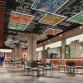 Elegant Restaurant Interior With Square Colored Glass Ceiling Design And Wooden Pillars