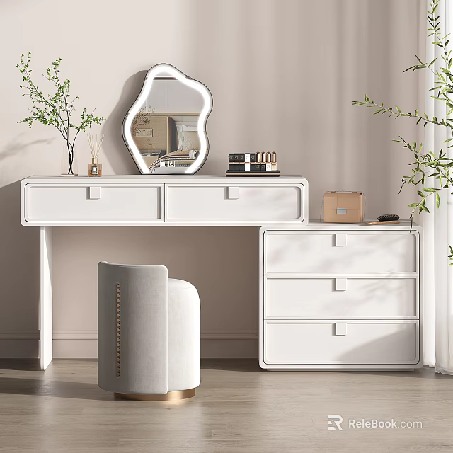 Modern White Dressing Table With Mirror Chair And Chest Of Drawers 3d model 
