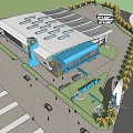 Modern Transportation Hub Building With Blue Roof Parking Area Buses And Trees