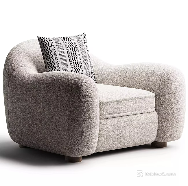 Cozy Plush Light Gray Single Sofa With Rounded Armrests And Striped Pillow 3d model 