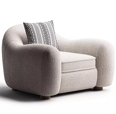 Cozy Plush Light Gray Single Sofa With Rounded Armrests And Striped Pillow 3d model