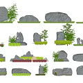 Decorative Garden Ornaments Featuring Various Stone Shapes And Green Plant Accents