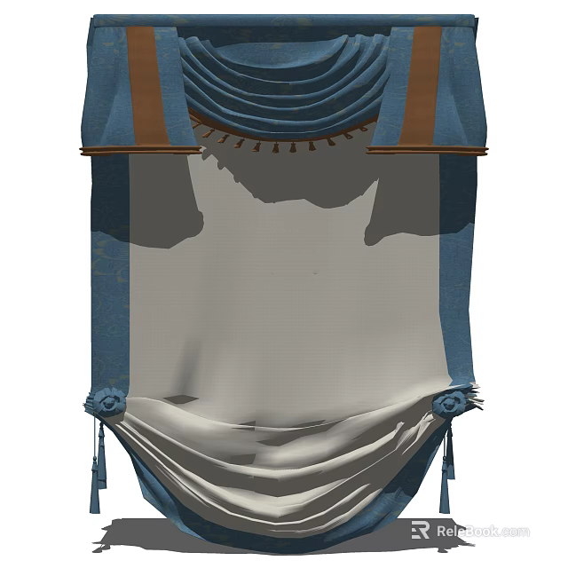 Elegant Blue and White Curtain with Brown Top Trim and Tassel Accents 3d model 