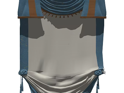 Elegant Blue and White Curtain with Brown Top Trim and Tassel Accents 3d model