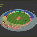 3D Rendered Cricket Stadium Design With Green Turf Brown Pitch Blue Stands And Light Poles
