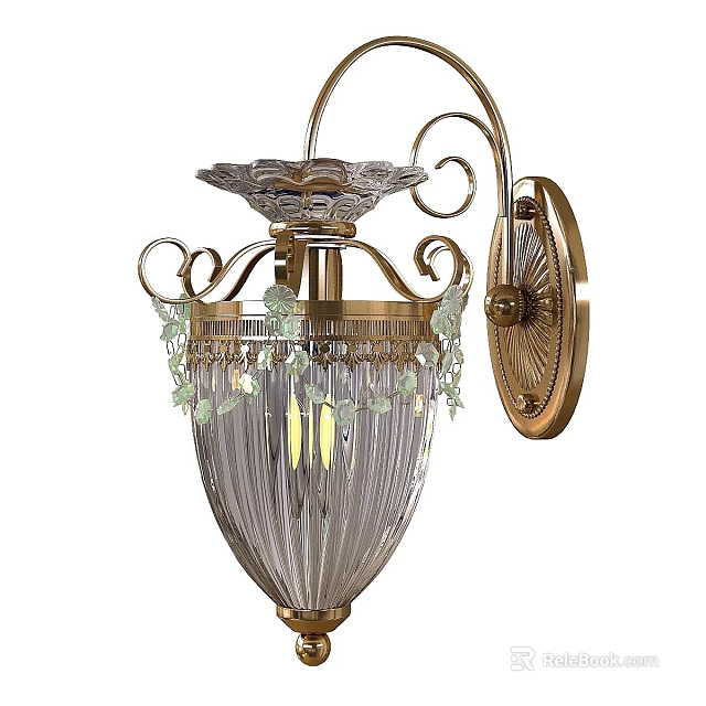 Elegant Golden Wall Lamp With Transparent Striped Glass Shade And Decorative Accents 3d model 