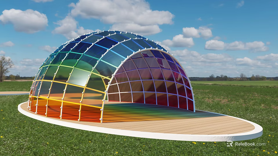 Colorful Glass Dome Courtyard Garden With Green Grass And Blue Sky 3d model 