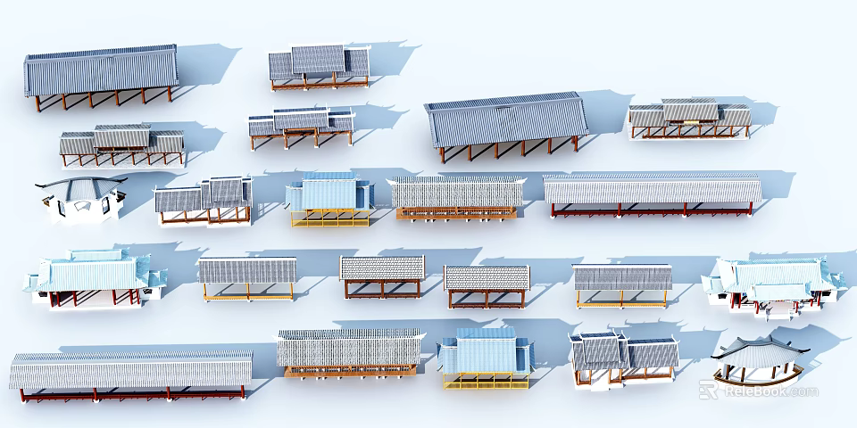 Garden Landscape Design Featuring Various Roof Structures And Material Styles 3d model