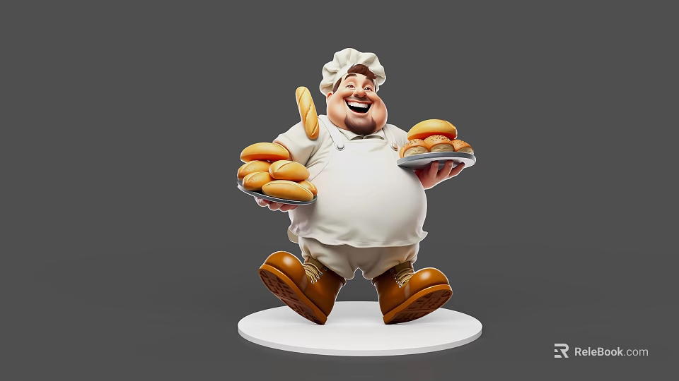 Chubby Game Movie Chef Character With Chef Hat White Uniform Holding Buns And Burgers 3d model 