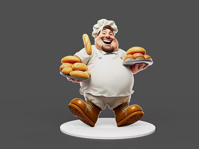Chubby Game Movie Chef Character With Chef Hat White Uniform Holding Buns And Burgers 3d model