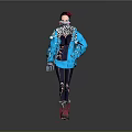 3D Character Wearing Blue Jacket Black Tight Pants Red Shoes Hat And Headphones